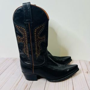 Frye Black Leather Studded Brown Brass Cowboy Boots